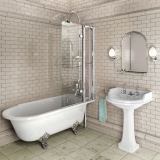 Product Lifestyle image of the Burlington Bath Screen with Access Panel mounted above the Hampton Freestanding Shower Bath